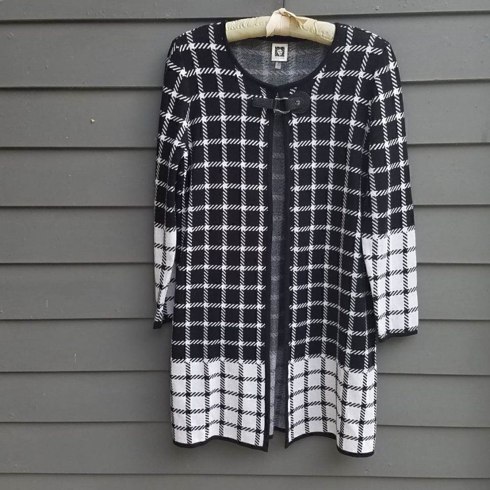 Anne Klein Long Black White Tattersall Plaid Cardigan Medium